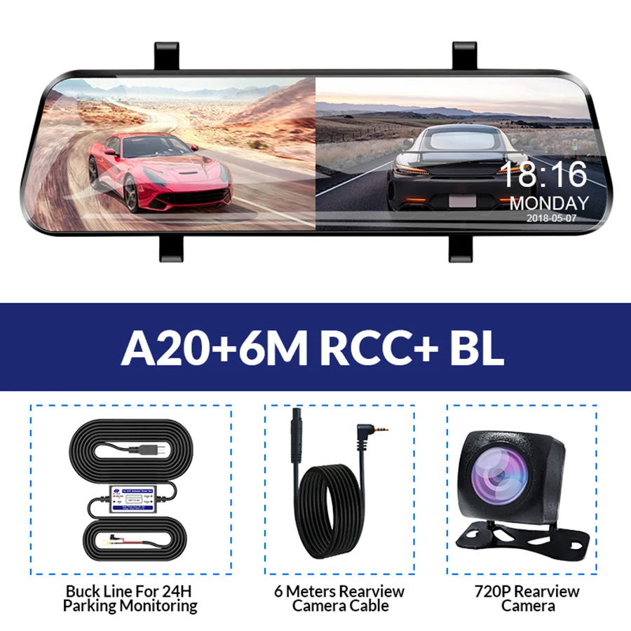 A20-6M RCC-BL E-ACE Автомобильный видеорегистратор FHD поток медиа зеркало заднего вида 2K+ 1080P видео рекордер двойной объектив тире камера с камерой заднего вида Регистратор - Название цвета: A20-6M RCC-BL