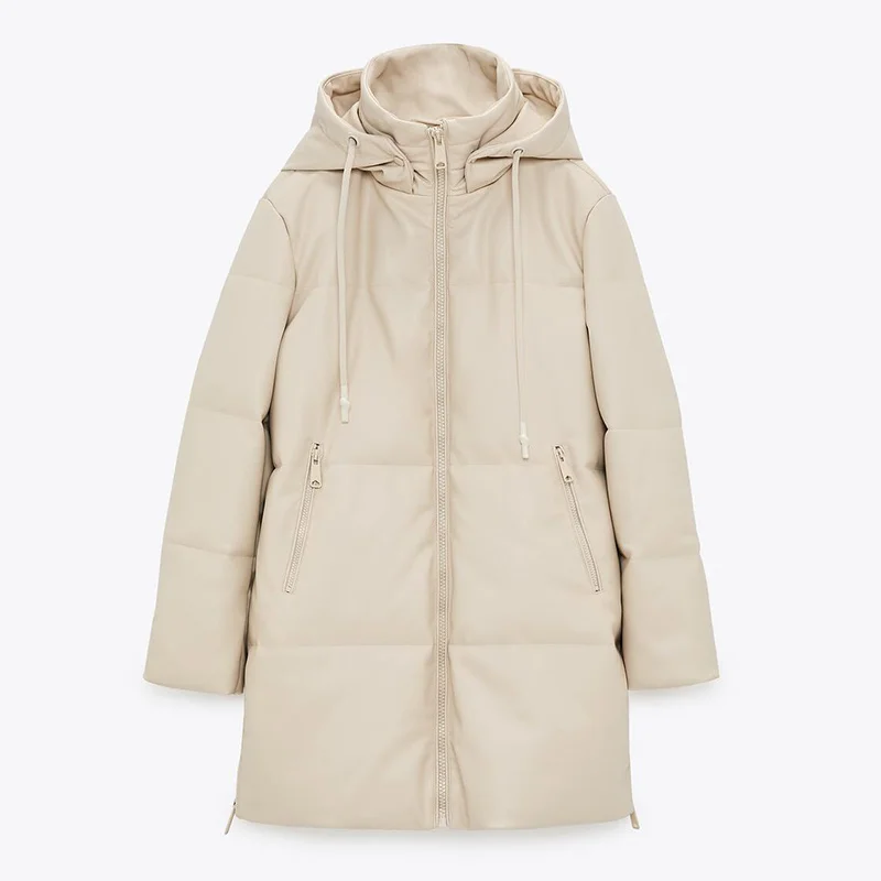 

CP Side Zipper Split Parkas Women Fashion Beige PU Leather Coats Women Elegant Loose Hooded Long Cotton Jackets Female Ladies