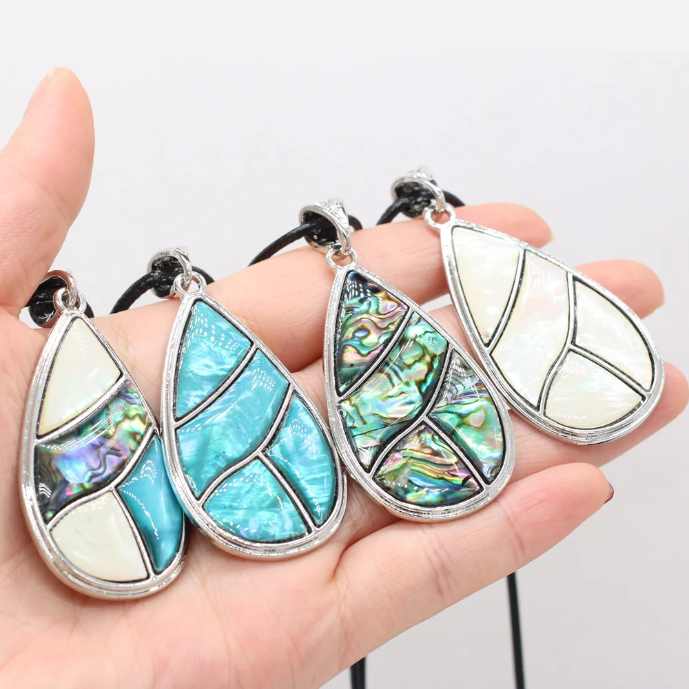 

Natural Blue Abalone White Mixed Colors Shell Pendant Wax Thread Charm Necklace Women Girls Party Gift Size 30x53mm Length 55cm