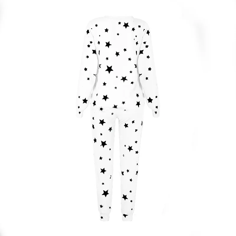 

WEPBEL Women's Casual Long Sleeve O-Neck Top + Lace-up Pencil Pants Suit Spring Autumn Fashion Star Printed Home Suit