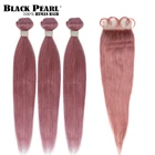 Черные жемчужные пряди с закрытием прямые человеческие волосы розовый блонд 3 пряди с прозрачной застежкой бразильские пряди для волос