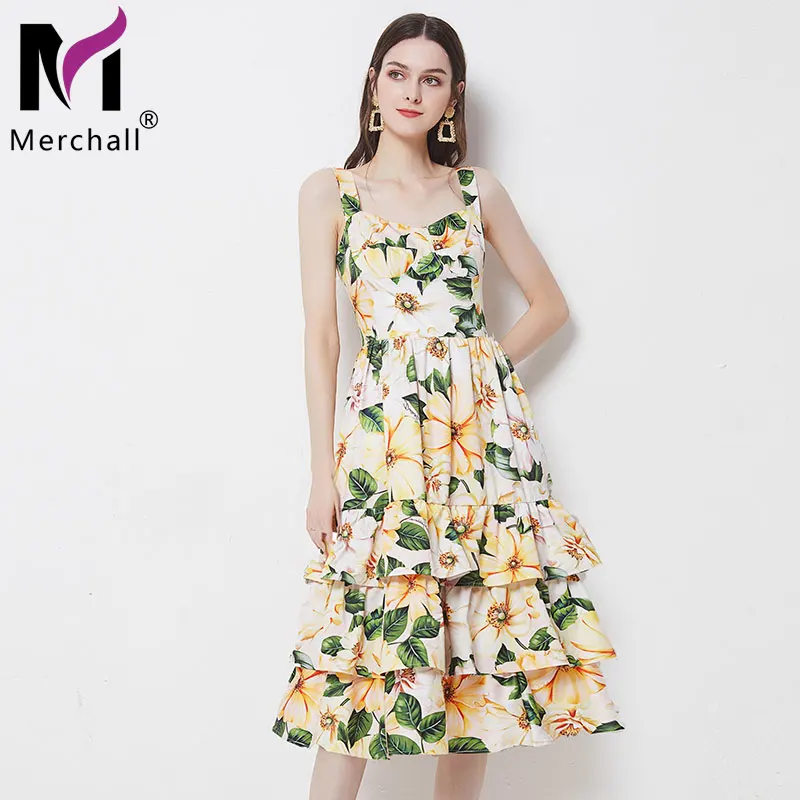

Merchall Summer Holiday Spaghetti Strap Dress Women High Waist Ruffled Floral Print Back Elastic Beach A-line Midi Robe M7325