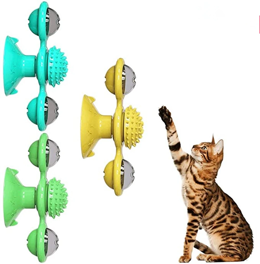 

Interactive Cat Toy Windmill Portable Scratch Hair Brush Grooming Shedding Massage Suction Cup Catnip Cats Puzzle Training Toy