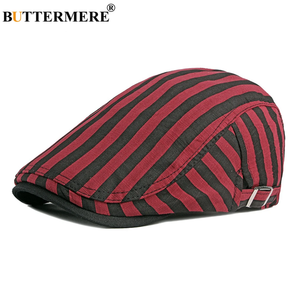 BUTTERMERE 100% Cotton Black White Striped Mens Berets Cabbie Vintage Flat Caps for Men Spring Summer Artist Hat