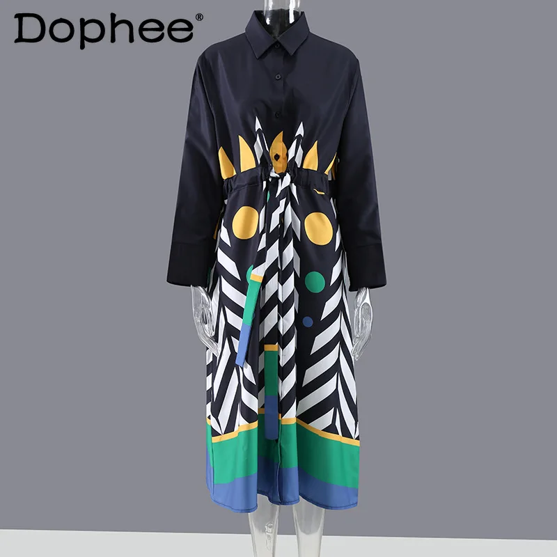 

Casual Dresses Women's Clothing 2021 Autumn Printing Oversized Long Black Dress Female Single Breasted Korean Dress
