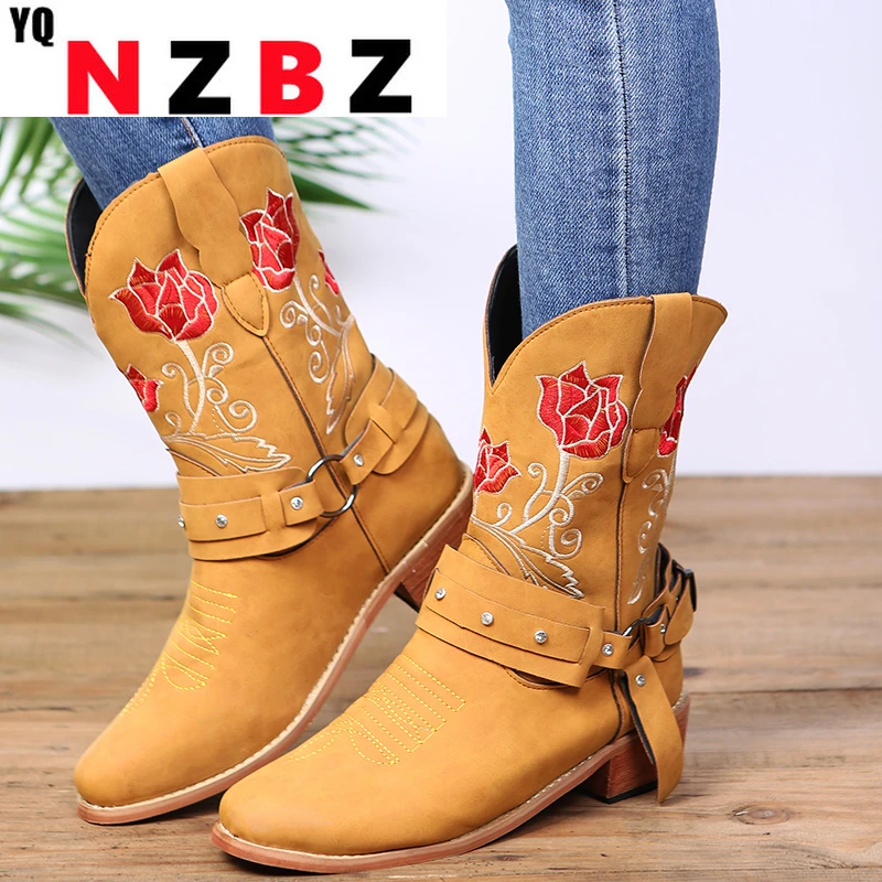 

Embroidery Cowboy Boots for Women Autumn Westerm Boots Retro Booties Women Ladies Shoes Botas Mujer Womens Shoes