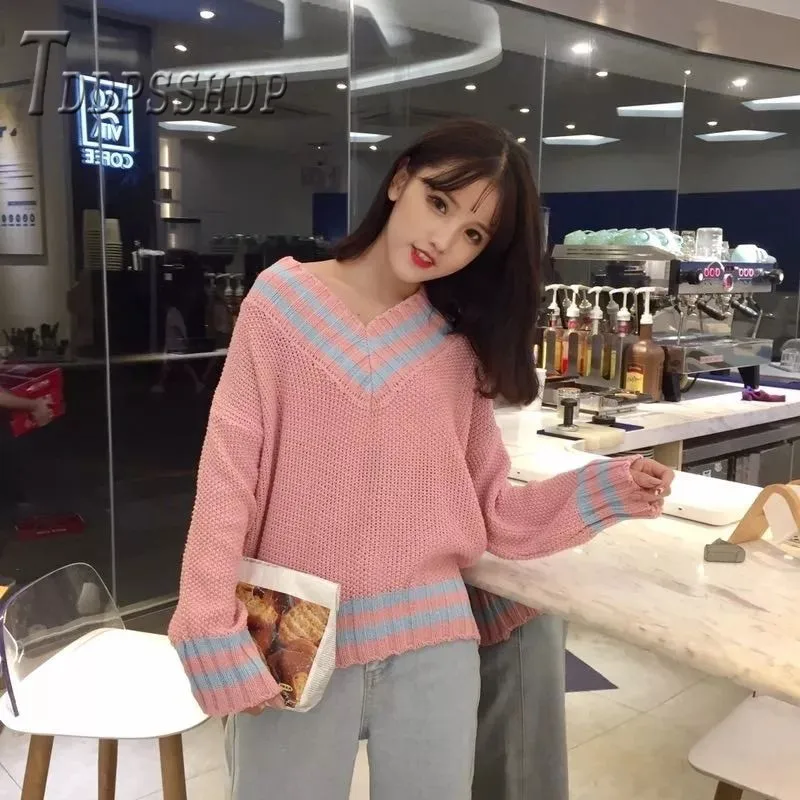 Женский свитер с V-образным вырезом Свободный пуловер в Корейском стиле длинными