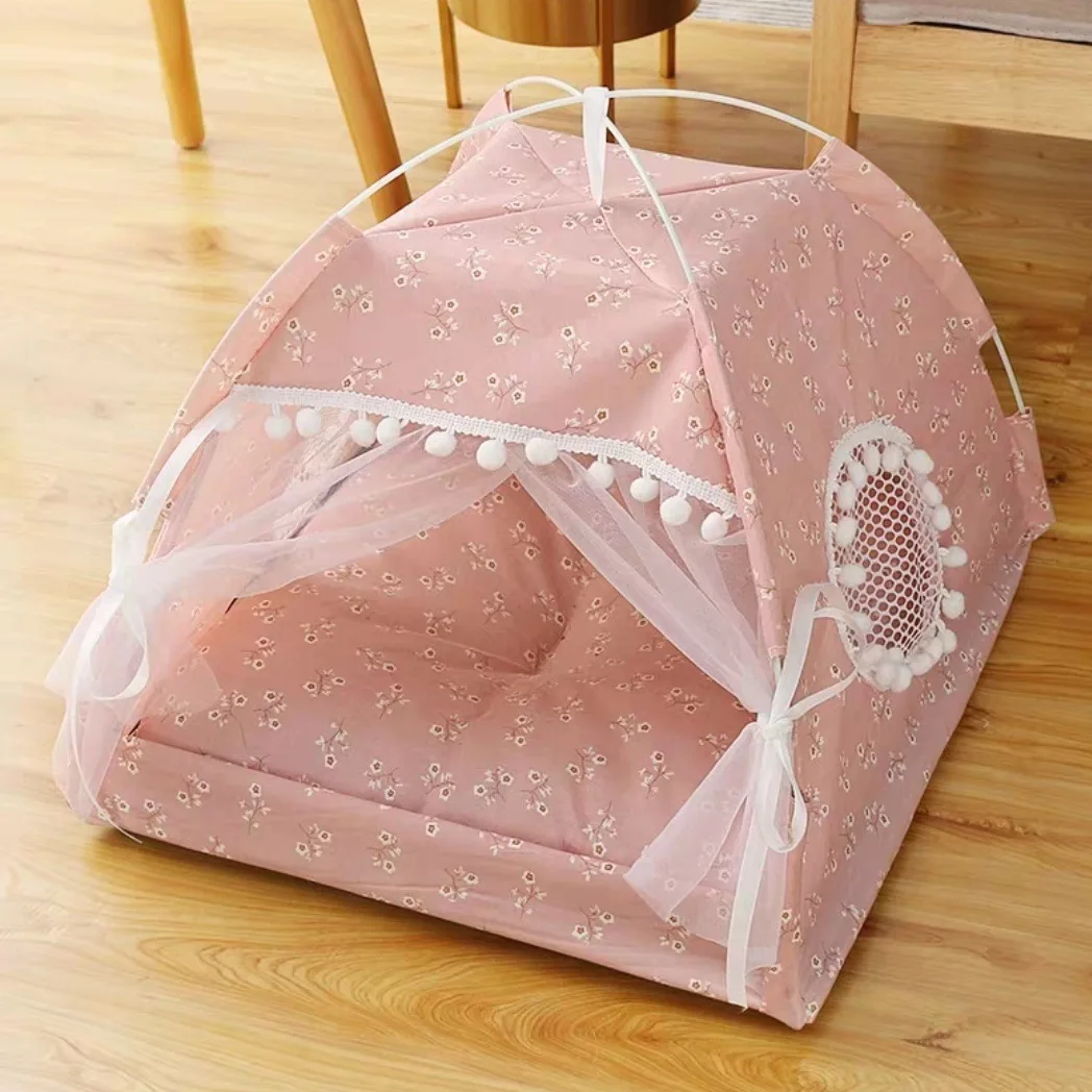 

Cute Lace Cat Teepee Tent Nest Pet Triangle Tent Folding Small Dogs Semi Closed Cage Cat House Canvas Dog Canvas Sleeping Kennel