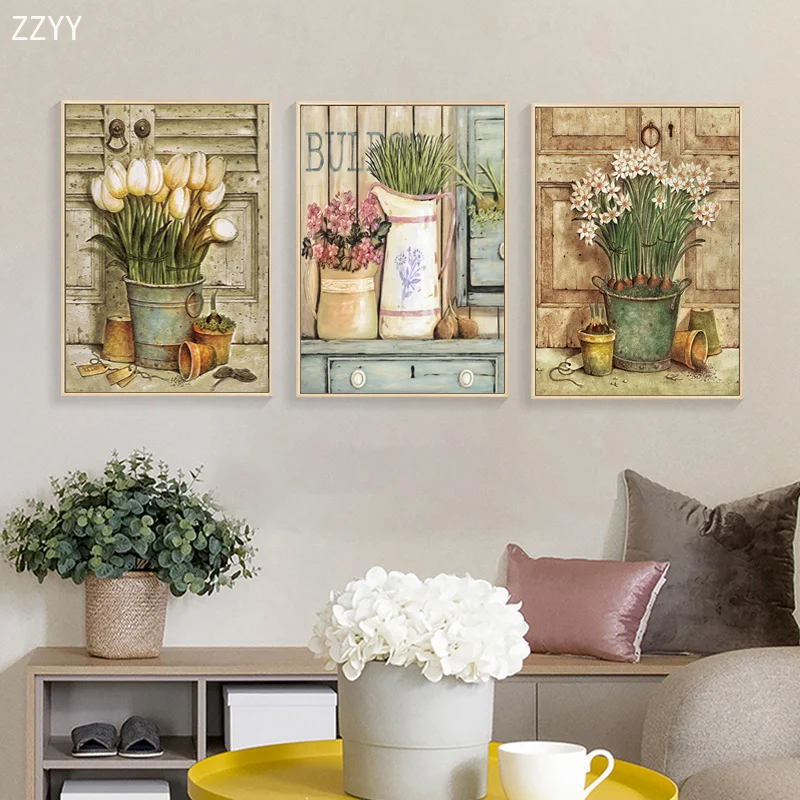 

European Retro Plant Flower Potted Plants Canvas Paintings Posters and Prints Vintage Plants Wall Art Pictures Room Home Decor