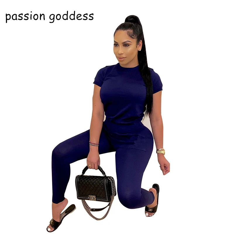 

Women Summer Plus Size Casual Solid Two Piece Sets Short Sleeve T Shirt Tops and Elastic Waist Skinny Long Pencil Pants Outfits