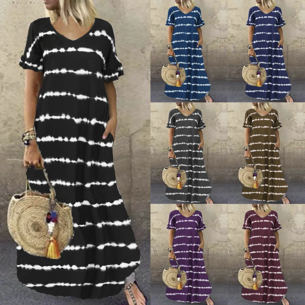 

White Striped Printed Loose Women Robe Summer Dress Short Sleeve V-neck Big Swing Long Dress Pocket Plus Size Women Dress S-5XL