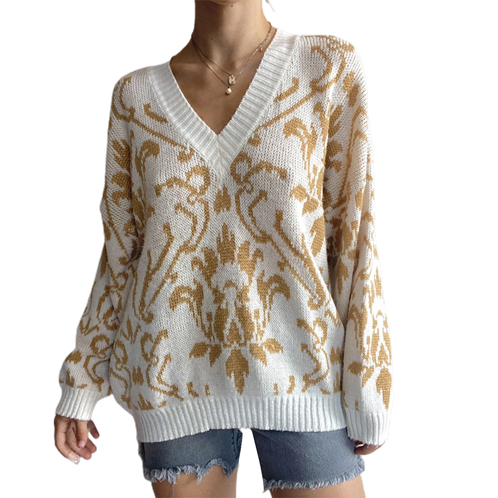 

Женский трикотажный свитер с V-образным вырезом, с длинным рукавом