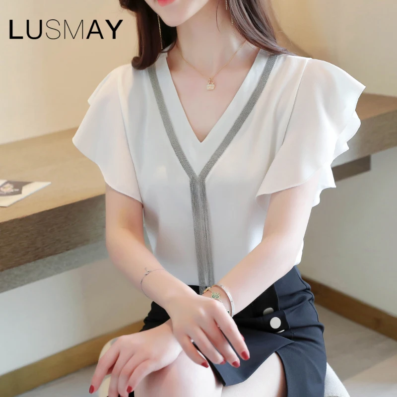 Женская модная офисная рубашка с оборками на рукавах Корейская летняя шифоновая