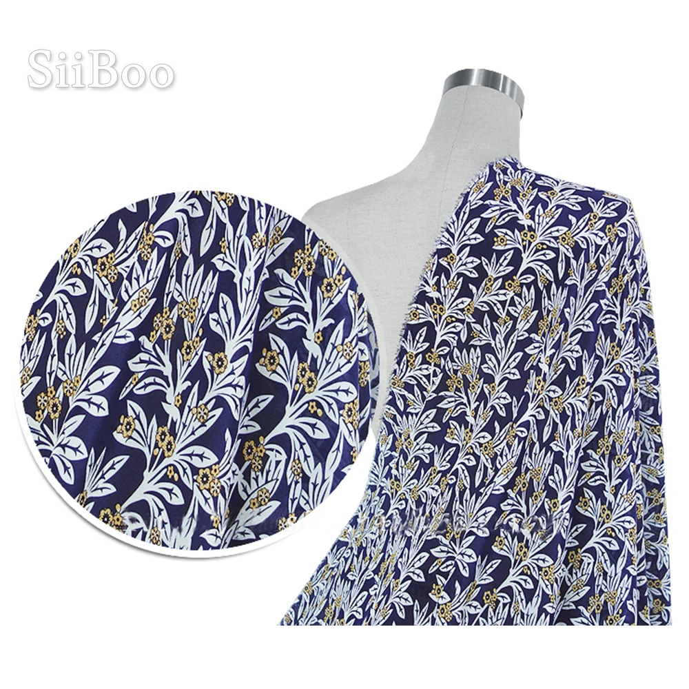 Итальянская винтажная темно-синяя шелковая ткань с цветочным принтом 12 мм