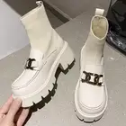 INS Лидер продаж, вязаные эластичные сапоги из натуральной кожи с металлической цепочкой 2022, зимняя модная обувь на массивном блочном каблуке, сексуальная обувь Ytmtloy с квадратным носком