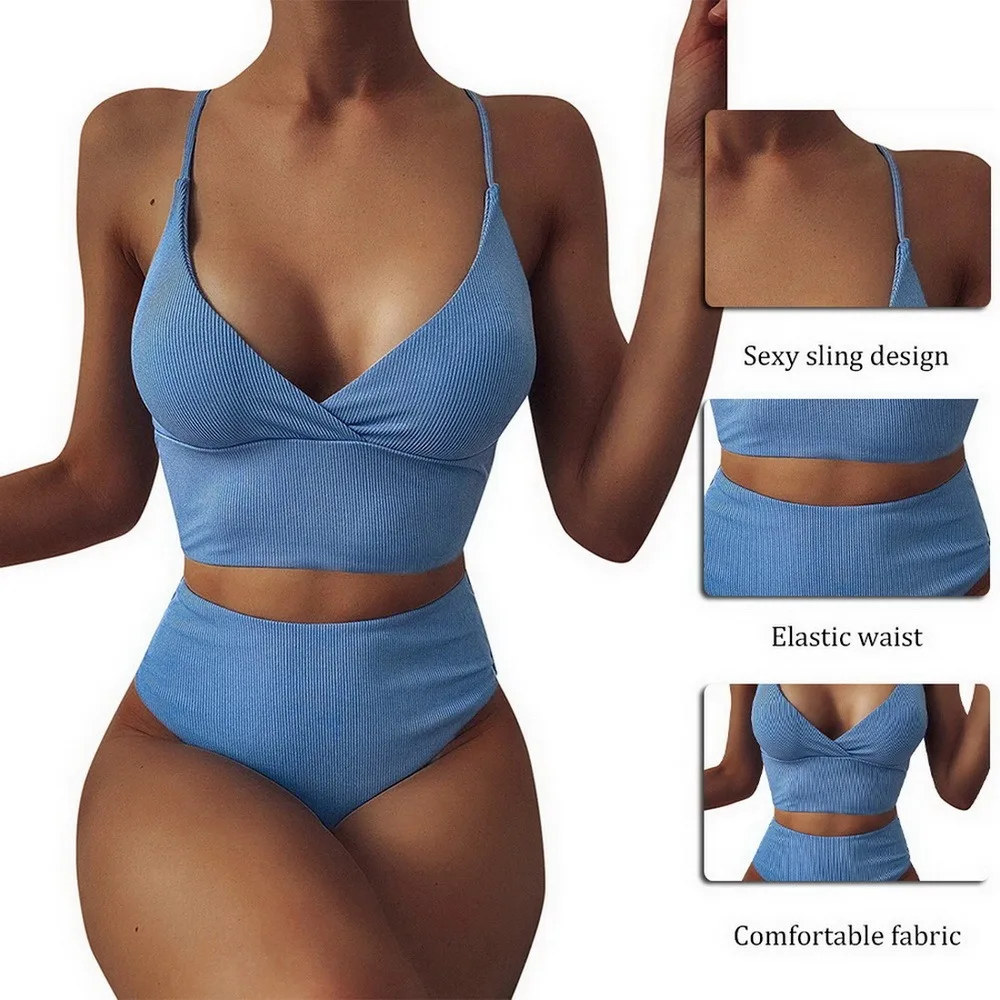 

Two-piece Fashion Bikini Set Swimwear Women Swimsuit Sexy Bandeau Bandage High Waist Set Push-up Brazilian Solid Bikini 2021