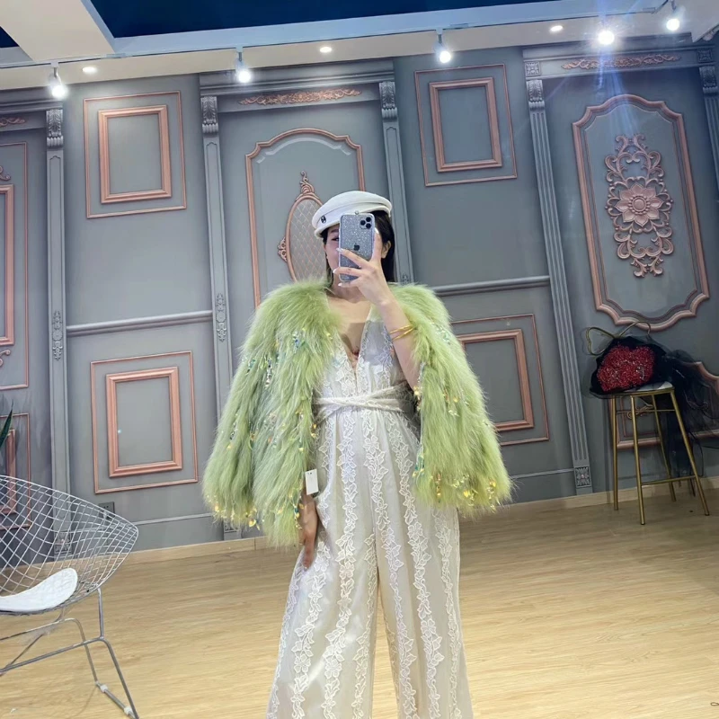 Женское пальто с мехом енота OFTBUY повседневное вязаное разноцветными ракушками