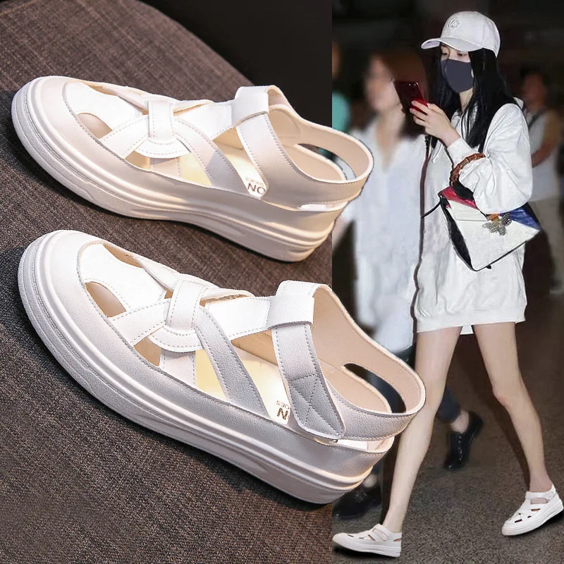 

JFUNCY Summer Women's Sandals Female Popular New Casual Thick-Soled Velcro Roman Shoes Hollow Round Head Hole Women Sandal