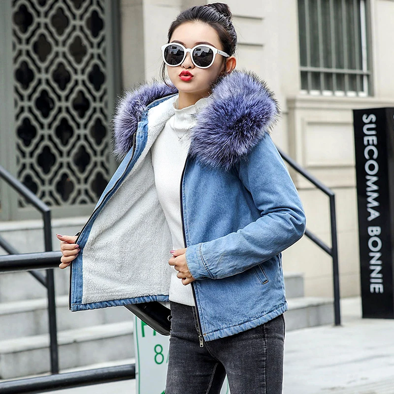 Chaqueta Mujer, однотонная джинсовая куртка с капюшоном, куртка для женщин, теплая Повседневная синяя куртка-бомбер, женская зимняя верхняя одежда с меховой подкладкой, джинсовая женская одежда