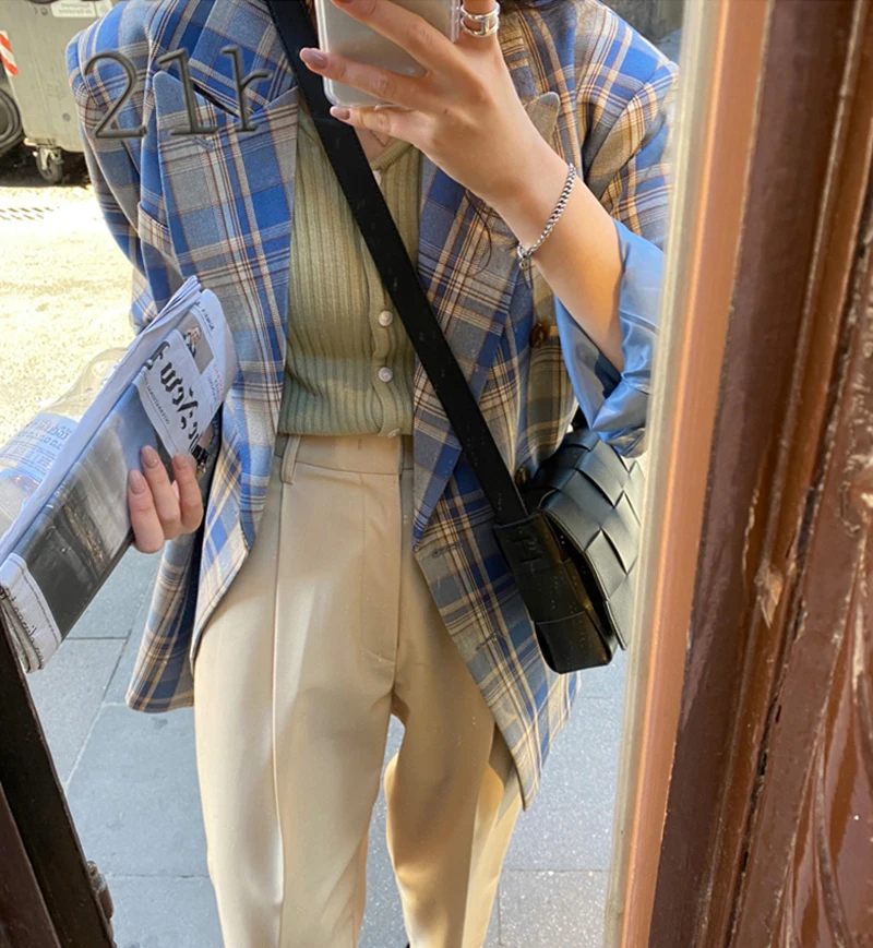 

2021 New Spring Vintage Loose Women Plaid Blazer Chic Double Breasted Female Long Sleeve Suit Jackets Stylish Ladies Blazer
