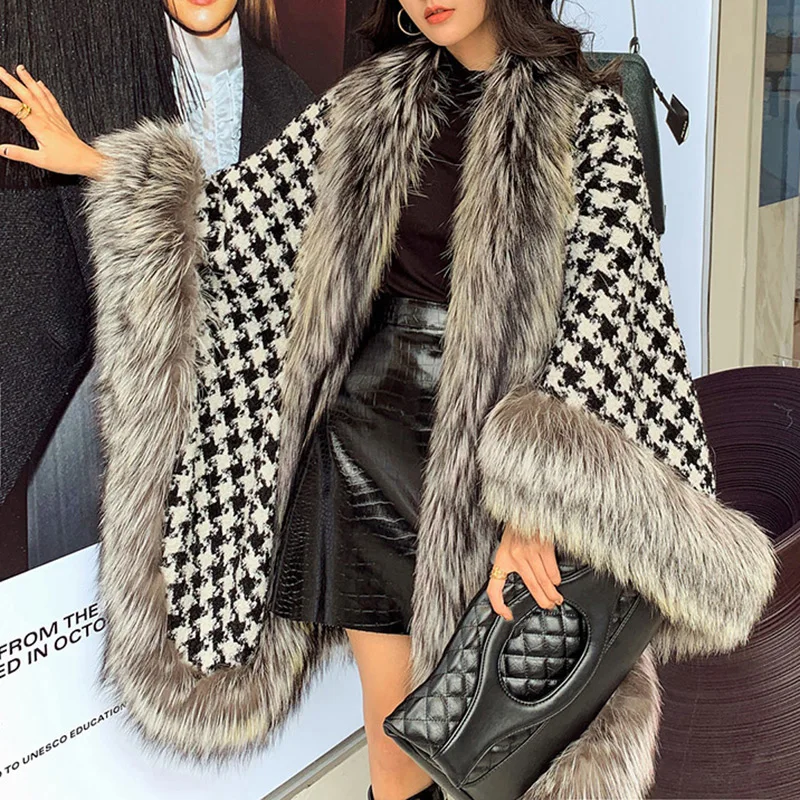 Женское шерстяное пончо теплое пальто с манжетами и воротником-накидкой из