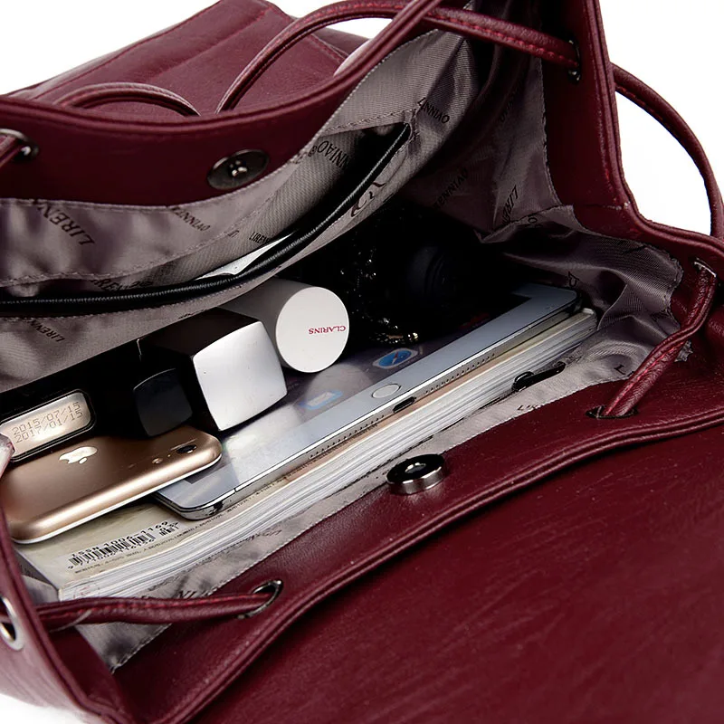 

MJ Women Leather Backpack Solid PU Leather Travel Bag Branded Design Female Large School Bag for Girls High Capacity Drawstring