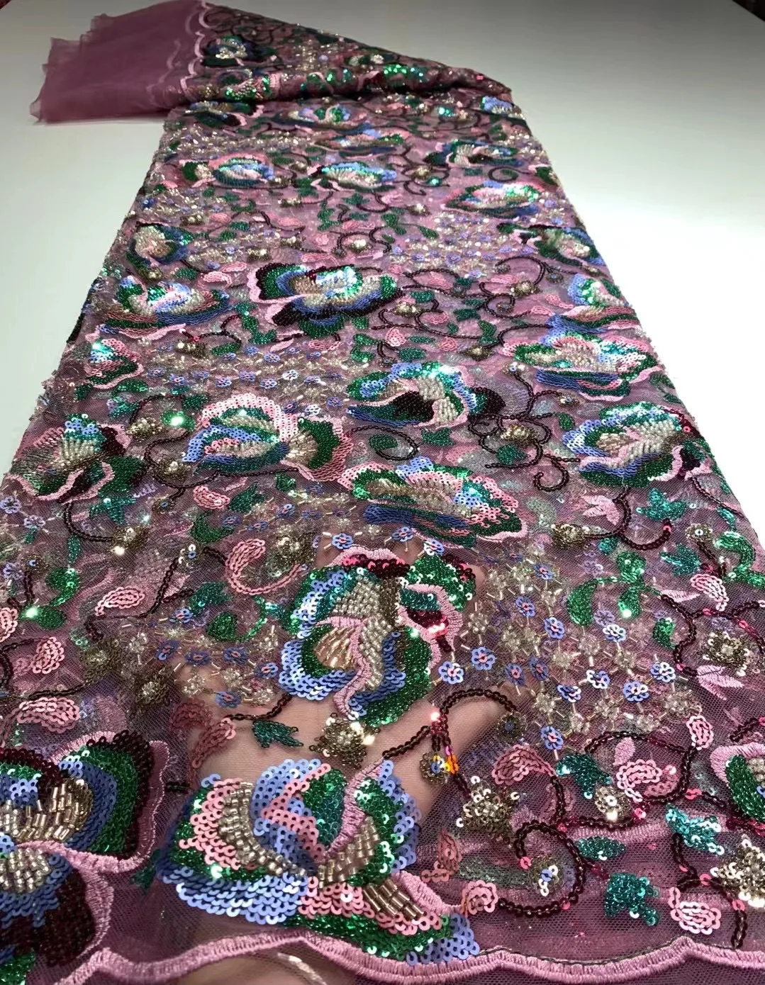 

African Sequins Colorful Lace Fabric Nigerian Tulle Embroidery French Net Beaded Lace Fabric For Sewing Wedding Party Dress