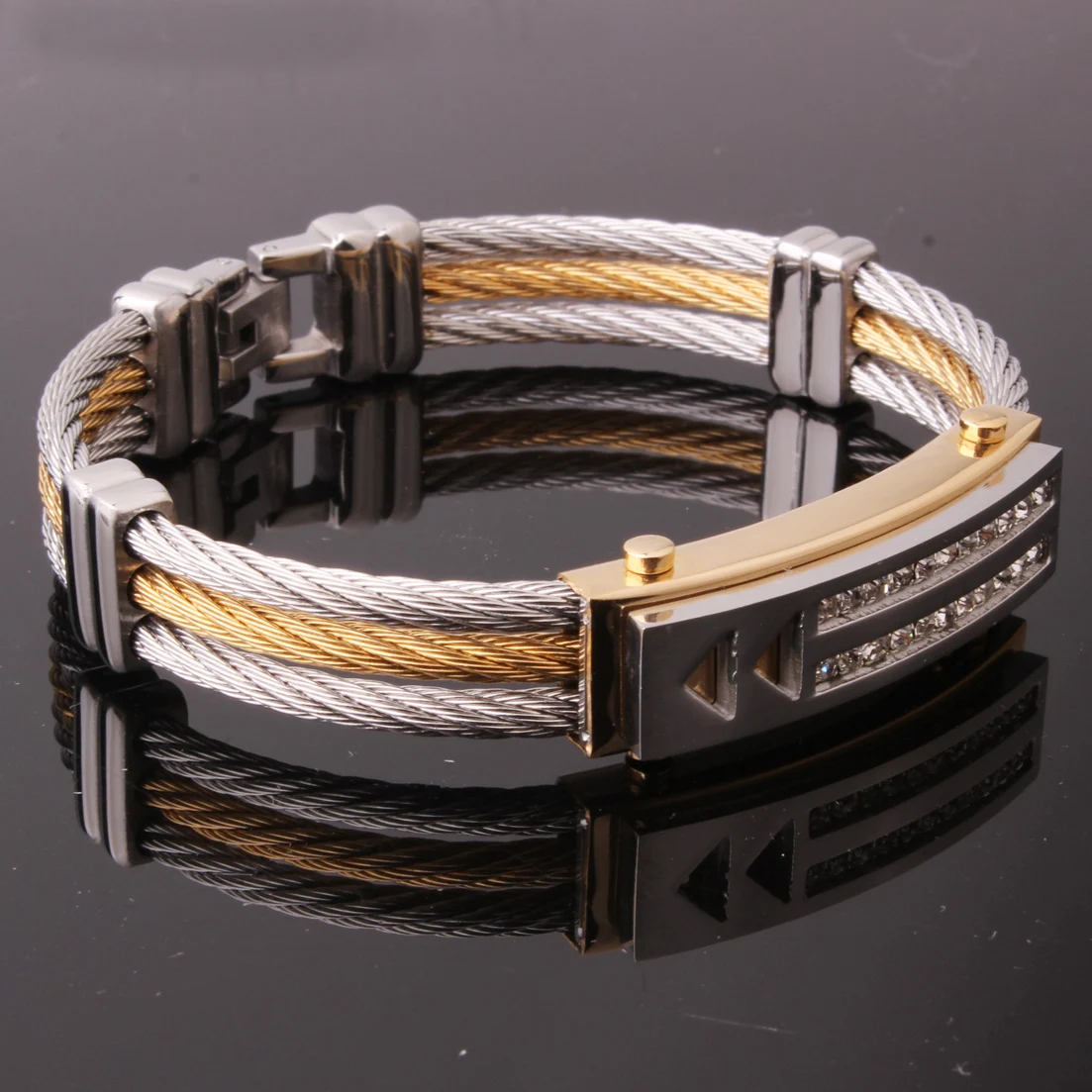 

12mm Fashion Jewelry Stainless Steel Silver And Gold Color Cable Wire Chain Mens Womens Bracelet Cuff Bangle New CZ Gift