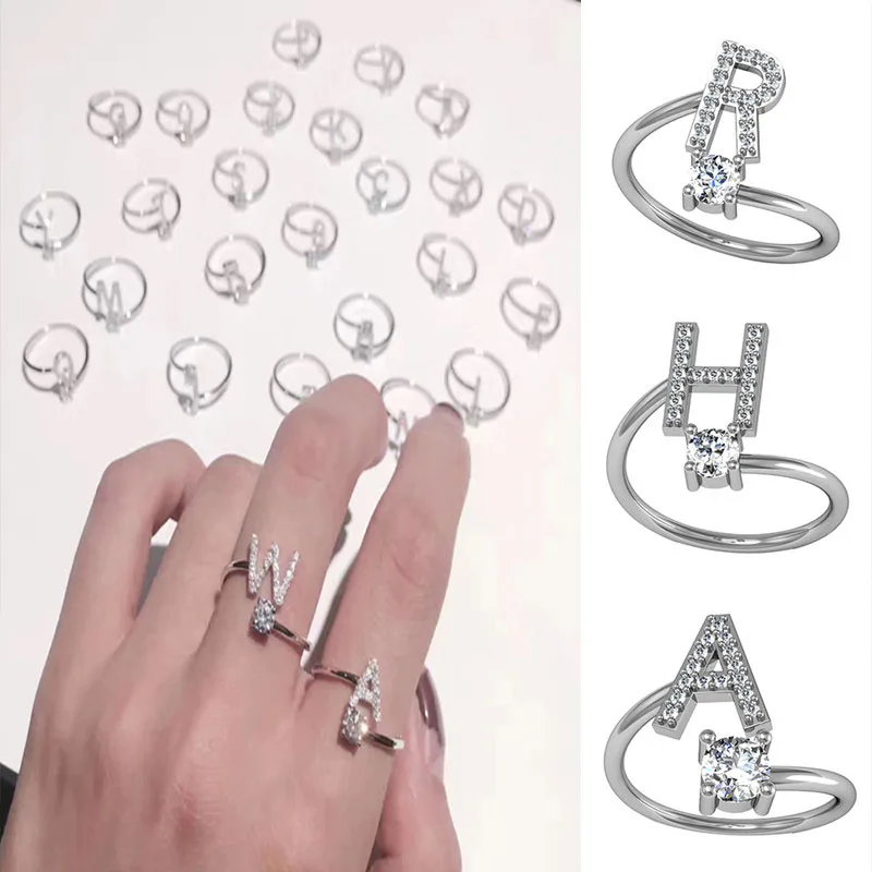 Женские открытые кольца UlLZ белые с цирконием и кристаллами 26 букв для свиданий