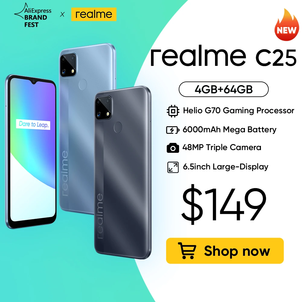 [Мировая премьера в наличии] realme C25 Helio G70 Восьмиядерный Глобальный русская версия 4 Гб 64 Гб 6000 мАч 6,5 