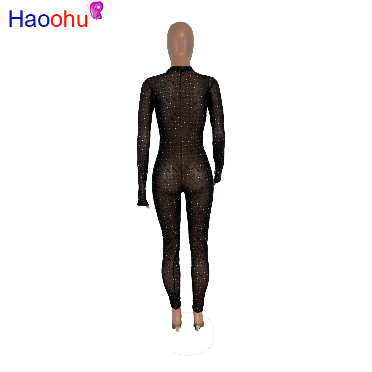 

Bronzing Perspective Mesh Rompers Womens Jumpsuit Long Sleeve Sequins Bandage Playsuit Black Party Clubwear Bodycon Bodysuits