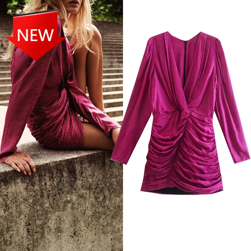 

Осенние праздничные платья с рюшами и длинным рукавом, плиссированные короткие платья, 2021 розовое атласное платье, женское мини-платье в го...