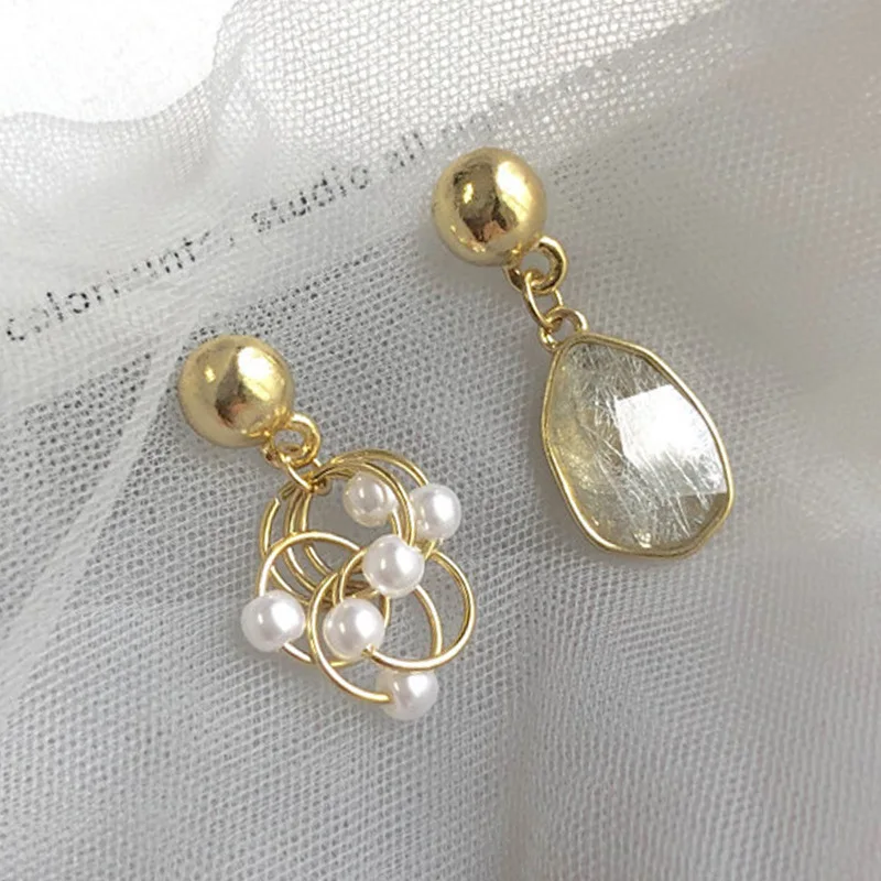 

S925 needle temperament resin drop earrings asymmetrical Design metal circle pearls earrings for women jewelry