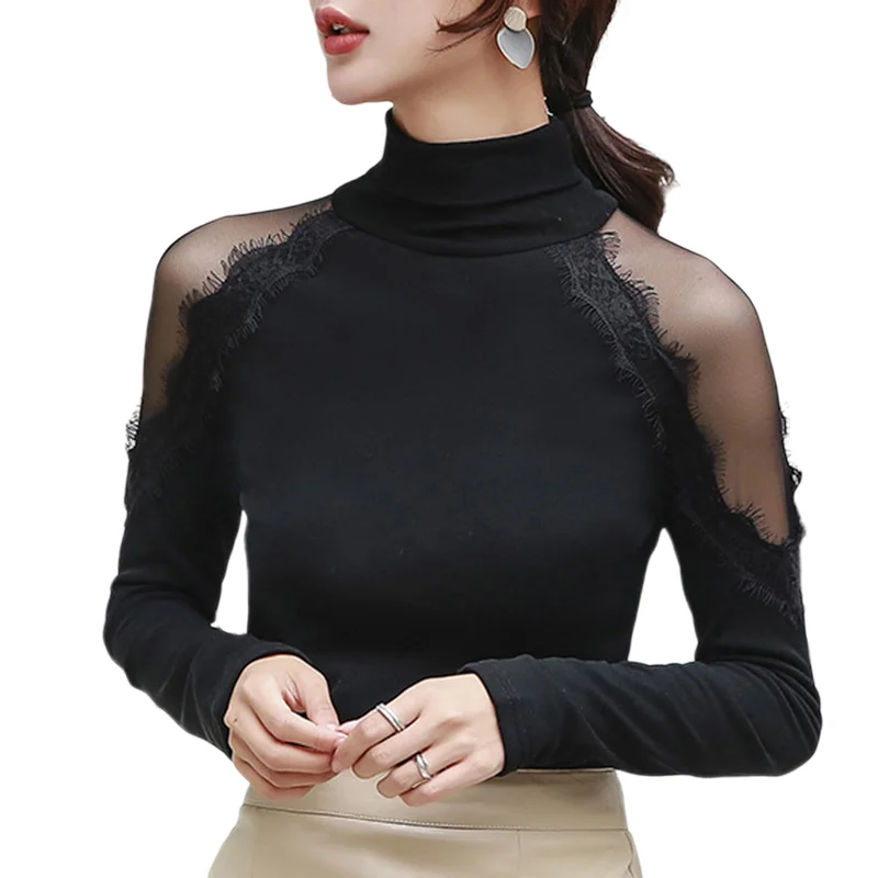 

Autumn Long Sleeve Lace Blouse Women 2021 New Fashion Solid Blouses Women Casual Office Lady Turtleneck Slim Women Shirts 11093