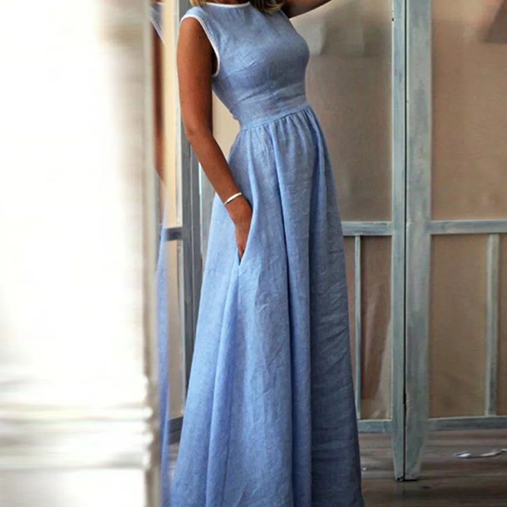 Женское платье макси с высокой талией однотонное длинное круглым вырезом Vestidos