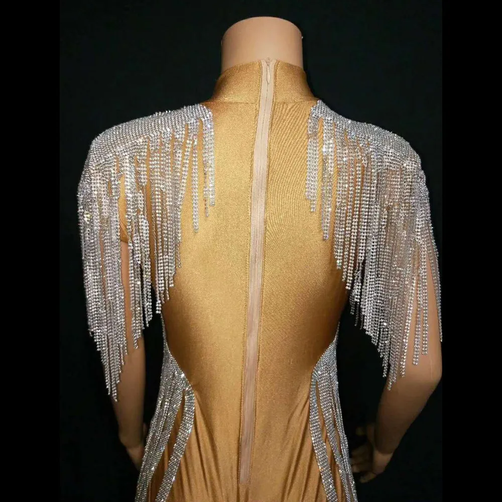 Shining Rhinestones Long Tassel Party Bodysuits Nightclub Sexy Fringes Leotard Women Jazz Singer Dancer Bodysuit Stage Clothing