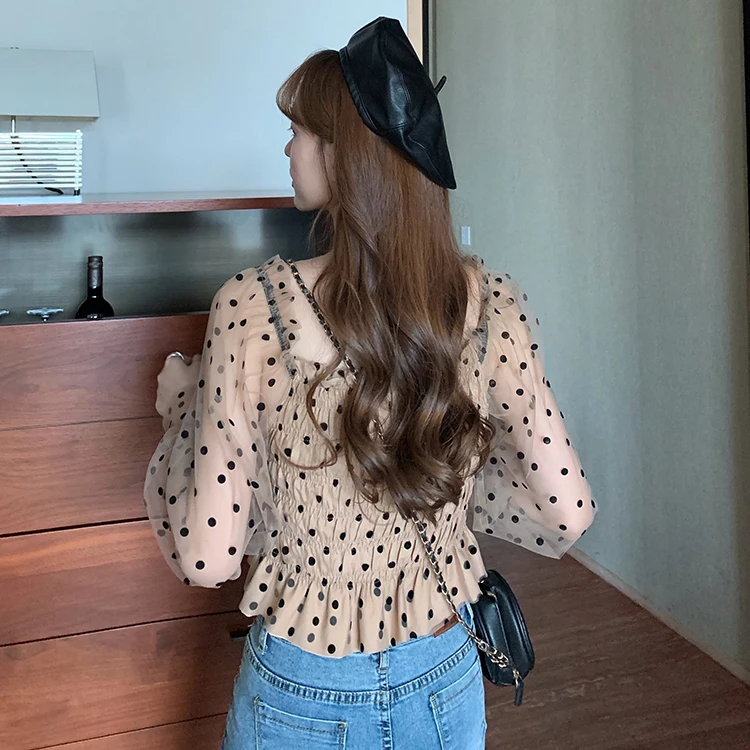 

Polka Dot Spring Autumn Mesh Lace Shirts Women's Clothing Crop Top Vintage Style Fashion Brand Perspective Female Blouses
