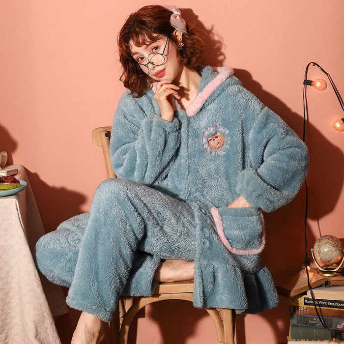 

Women 2 Pieces Pajama Sets Flannel Winter Pajamas Long Sleeve Full Trousers Girl Sweet Warm Flannel Thick Homewear BIG SIZE pjs