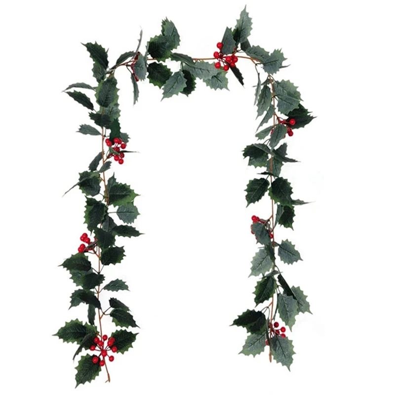 

Рождественская гирлянда, зимние красные ягоды, украшение для вечерние, гирлянда с листьями Падуба, рождественские зеленые гирлянды