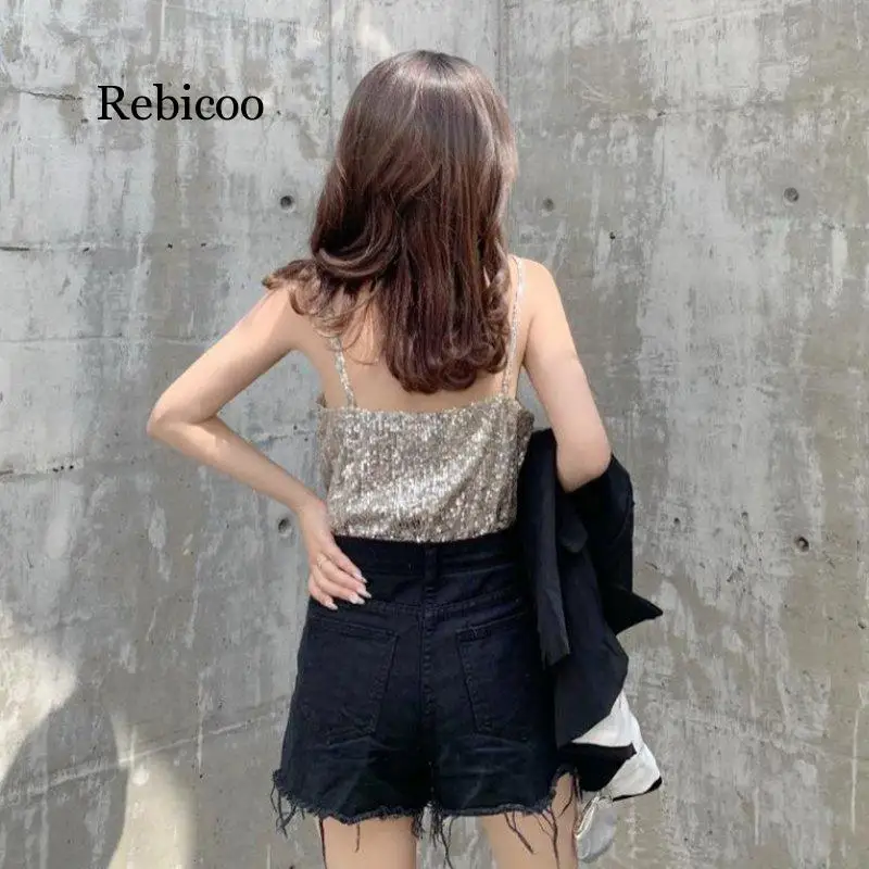 Новинка Женский пикантный Блестящий Свободный Топ без рукавов с V образным