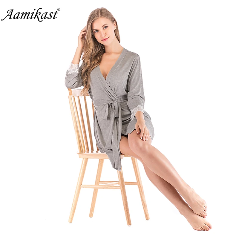 Aamikast модальный кружевной женский халат 3/4 рукав однотонный свободный v-образный вырез с поясом халат ночная сексуальная одежда ночной рост кимоно халат и пижама