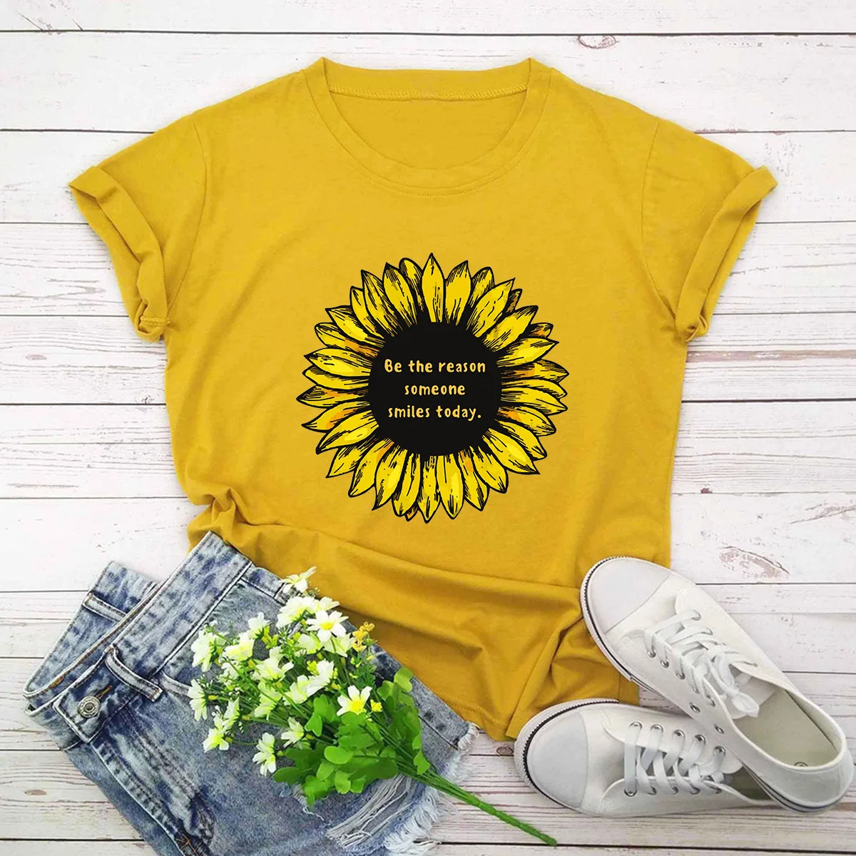 Модные корейские женские футболки с принтом сладких подсолнухов большие размеры