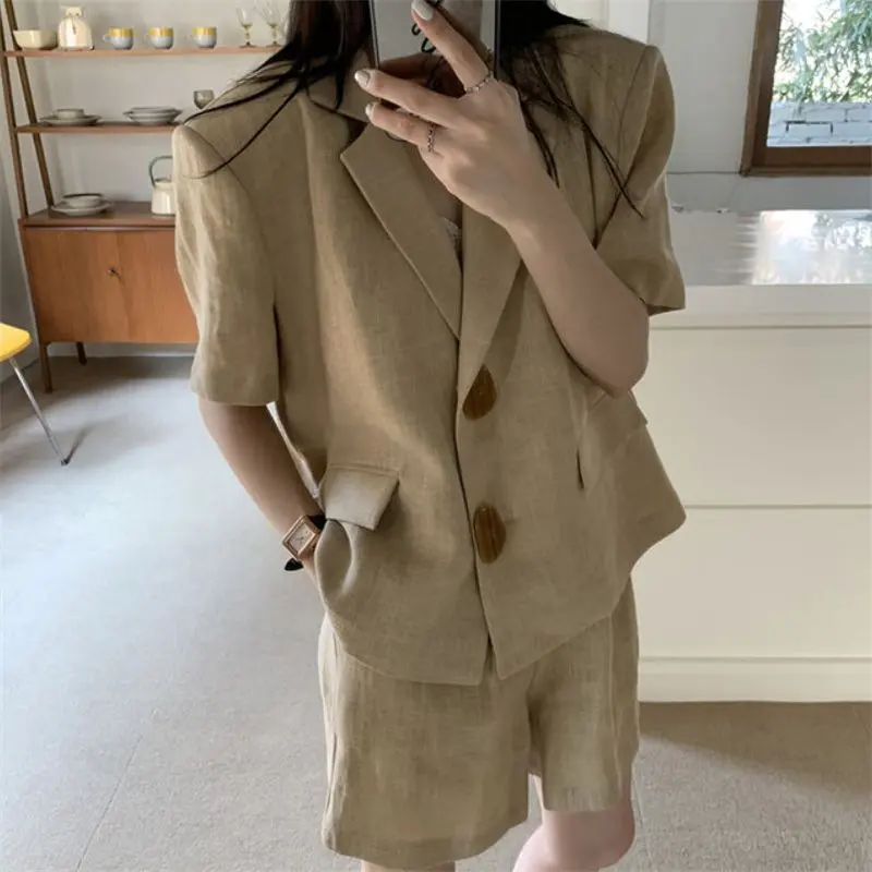 Костюм женский из 2 предметов Тонкий Блейзер цвета хаки хлопка и льна в