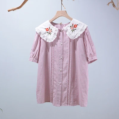 

Summer New Sweet Embroidery Flower Lapel Short Sleeve Plaid Shirt Women Tops Daily Wear