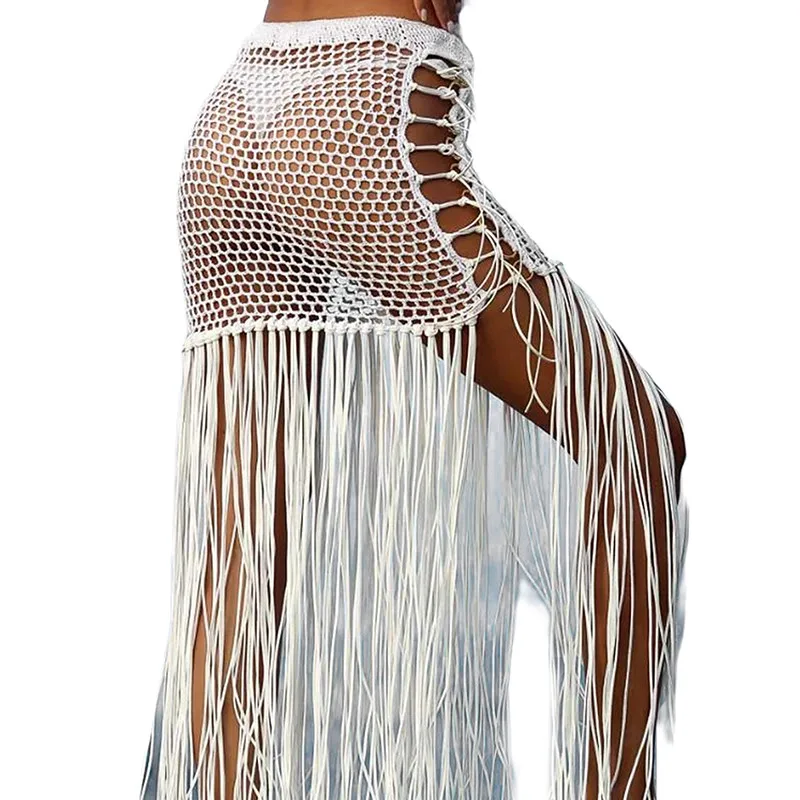 

Women Sexy Bikini Swimwear Shorts Cover Ups Skirt High Waist Hollow Out Tassel Crochet Beach Skirt Solid Summer Bikini Cover Ups