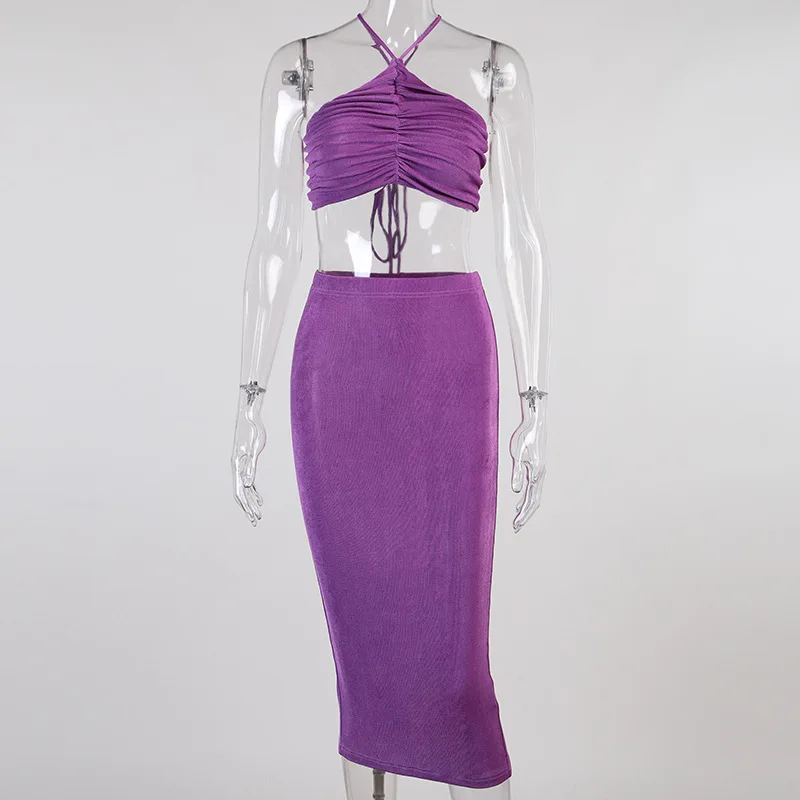 

Sexy Crop Top Skirt Two Piece Set Women Outfits Summer 2021 Club Birthday Party Clothes Sets Y2k Aesthetic Purple Black Orange