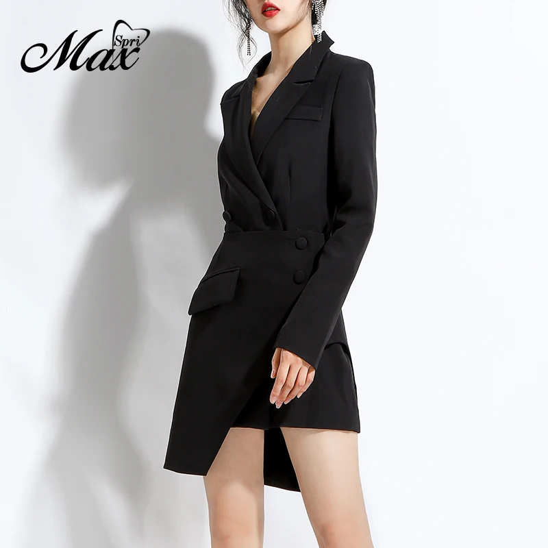 

Max Spri Women V-neck Button Tops Irregular Slim Skirt Black Set 2019 Autumn New Fashion Office Woman Two-Piece Sets Suits