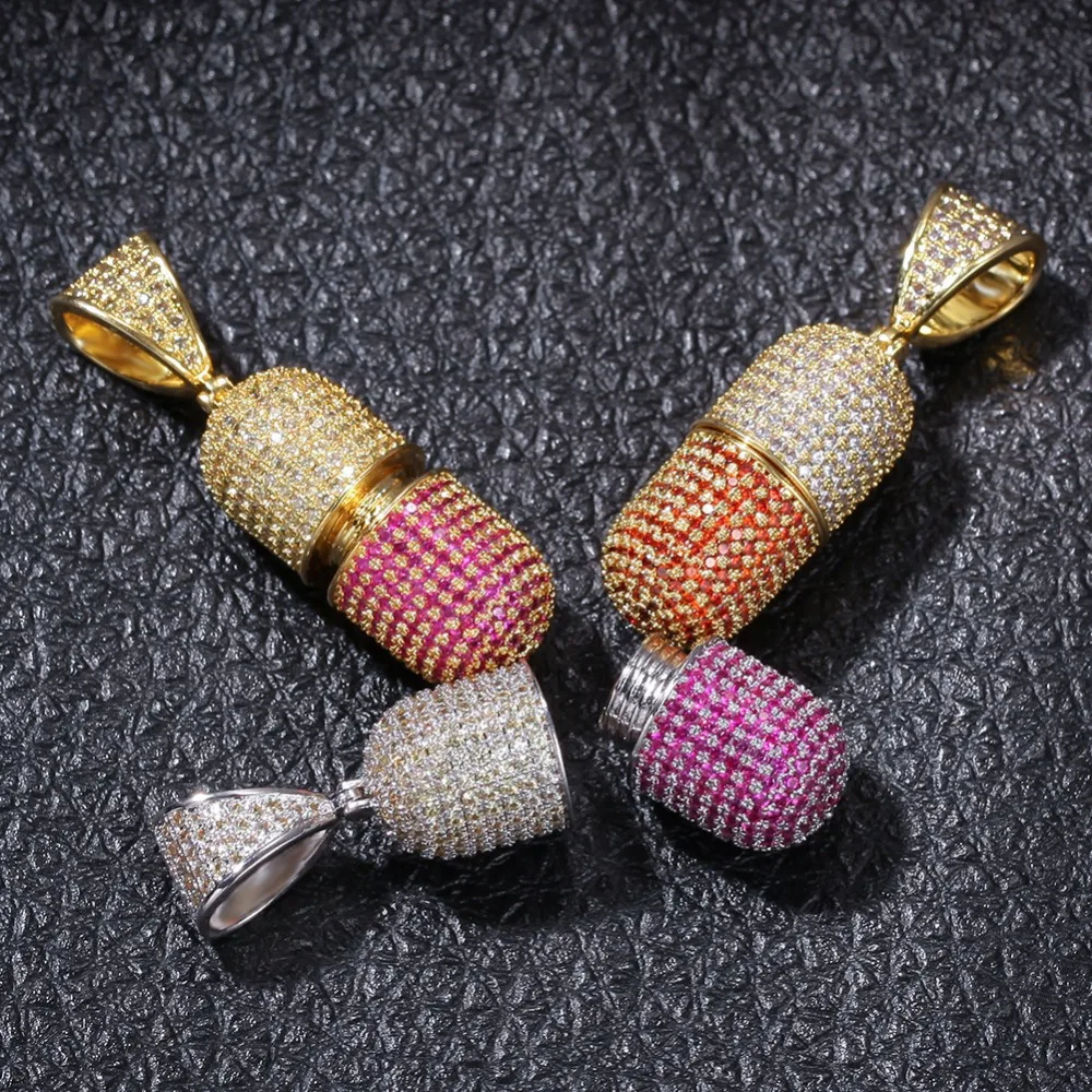 

Hip hop Pill Capsule Pendants Necklaces Micro Paved AAA CZ Stone Cubic Zirconia with cuban chain for Mens Women fashion Jewelry