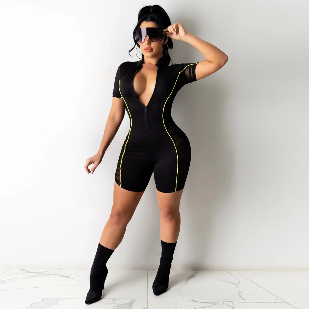 

Women Outfit Playsuits Patchwork Short Sleeve Zip Stand Collar Short Jumpsuit Skinny Elastic Clothing Summer Clothing
