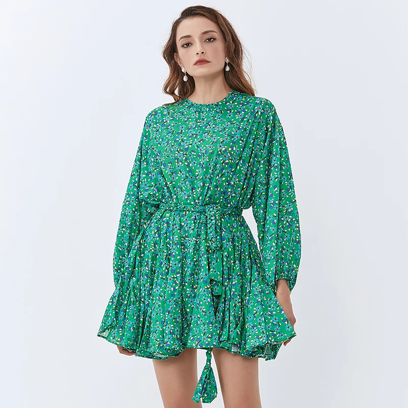 

Lace Up Elegant Dresses Dress For Women O Neck Long Sleeve High Waist Spring Print Female Fashion New Clothing